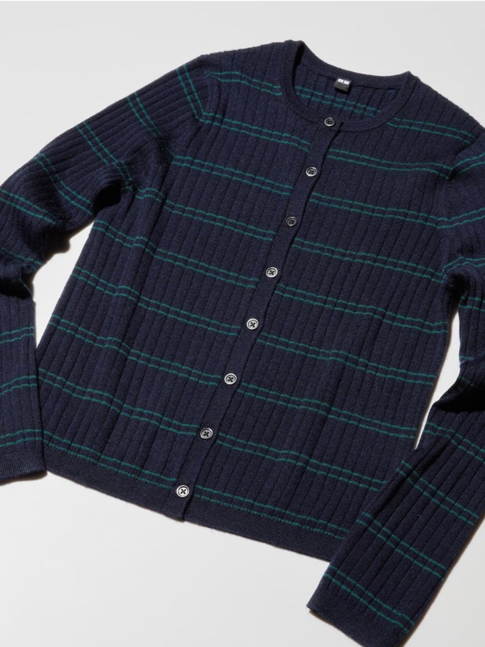 Merino Ribbed Navy Short 100% Wool Cardigan, Women's M